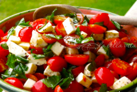 Vibrant Caprese Salad with Bursting Grape Tomatoes, Creamy Mozzarella, and Fragrant Basil