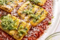 Crispy Grilled Polenta with Zesty Marinara and Bright Pesto