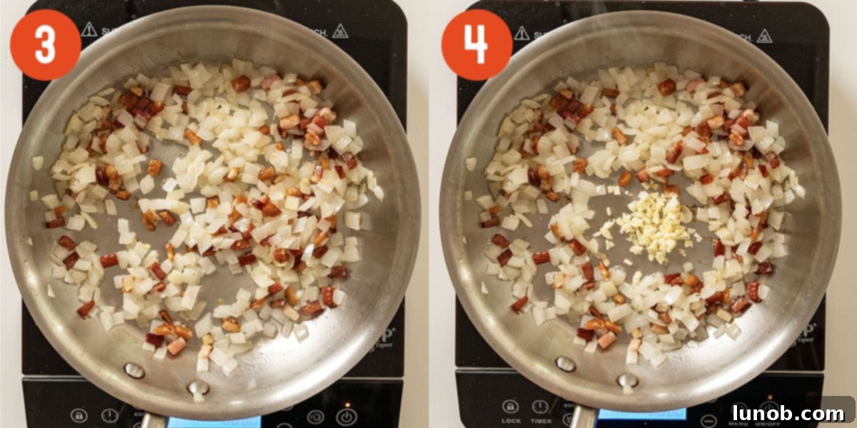 Chopped onions and minced garlic sautéing in the rendered pancetta fat.