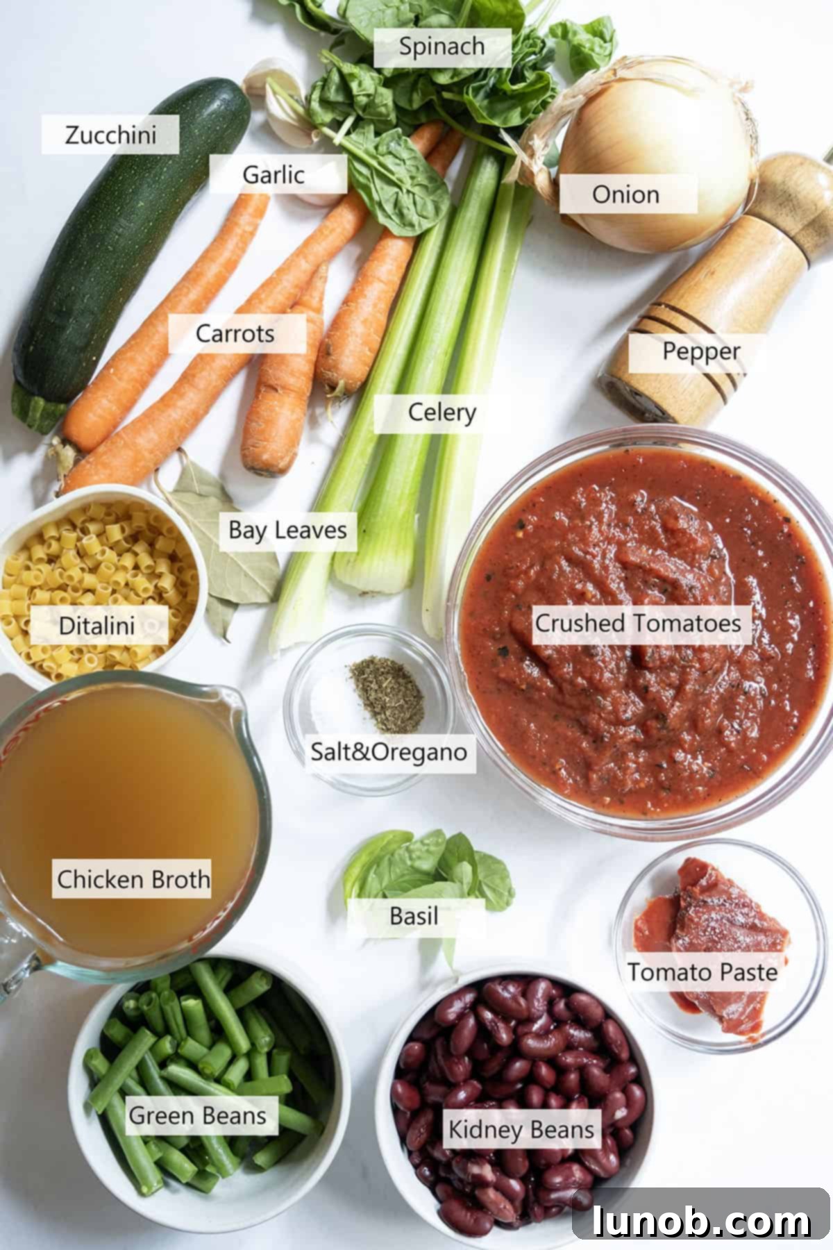 Rustic Italian Minestrone 3 A vibrant selection of fresh vegetables including carrots, celery, onion, garlic, green beans, and zucchini, alongside tomato paste, crushed tomatoes, and ditalini pasta, laid out as ingredients for minestrone soup.