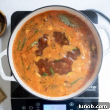 Rustic Italian Minestrone 7 Chicken broth is poured into the pot, joining the simmering tomato and vegetable base, and brought to a rolling boil for the minestrone soup.
