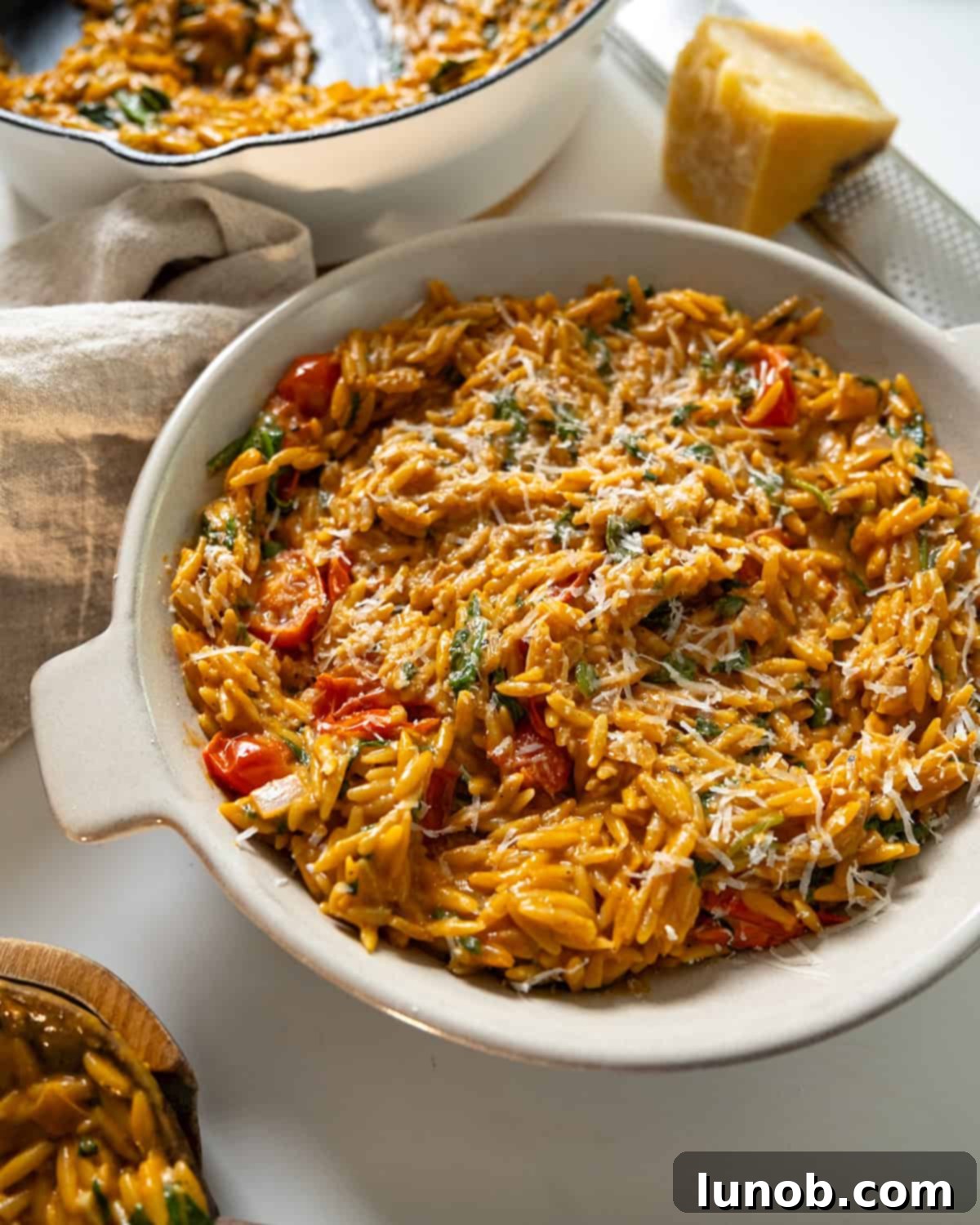 Creamy tomato orzo in a bowl, garnished with fresh herbs and a sprinkle of parmesan.