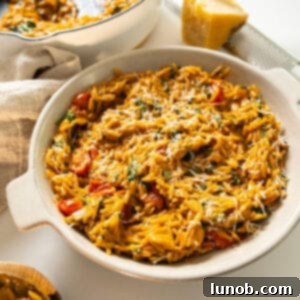 A delicious bowl of creamy tomato orzo, ready to be served.