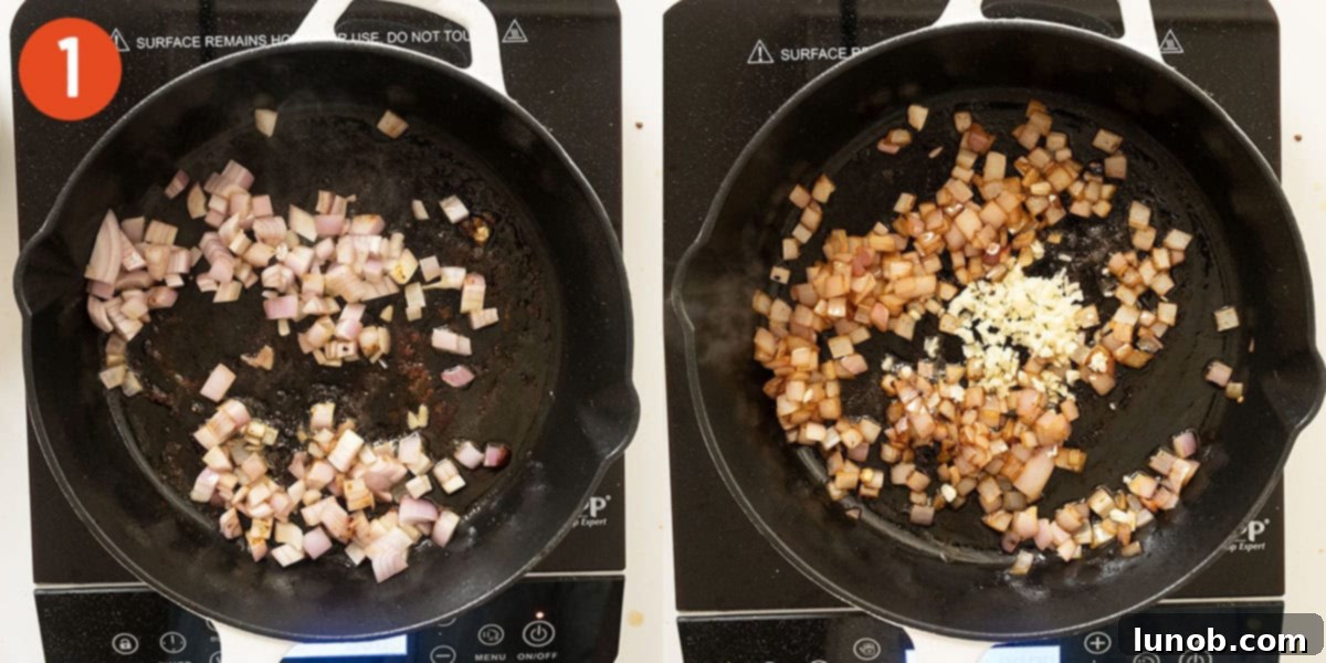 Shallots and minced garlic sizzling in extra virgin olive oil in a saucepan.