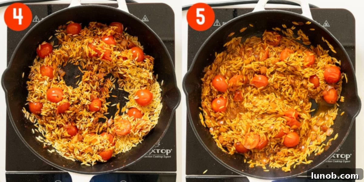Orzo pasta being toasted in the saucepan before white wine is added to deglaze the pan and simmer.