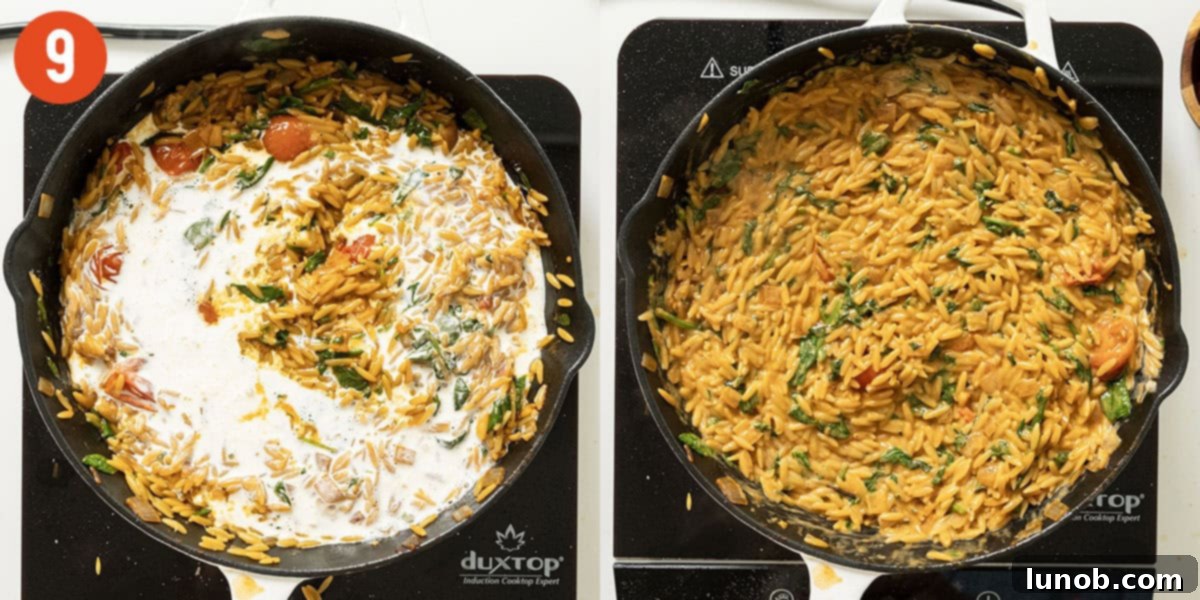 Heavy cream being mixed into the creamy tomato orzo, adding a final touch of lusciousness.