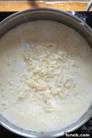 Italian Comfort Mac and Cheese 6 Close up of shredded cheese melting into a creamy white sauce in a saucepan