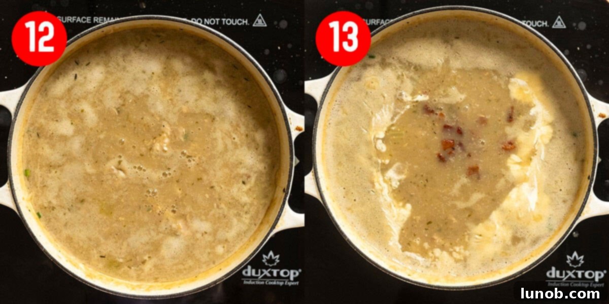 Velvet Clam Delight 11 Adding cooked clams, crispy pancetta, and heavy cream to the creamy clam chowder.