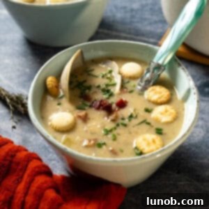 Velvet Clam Delight 13 New England clam chowder in a bowl garnished with chives and oyster crackers.