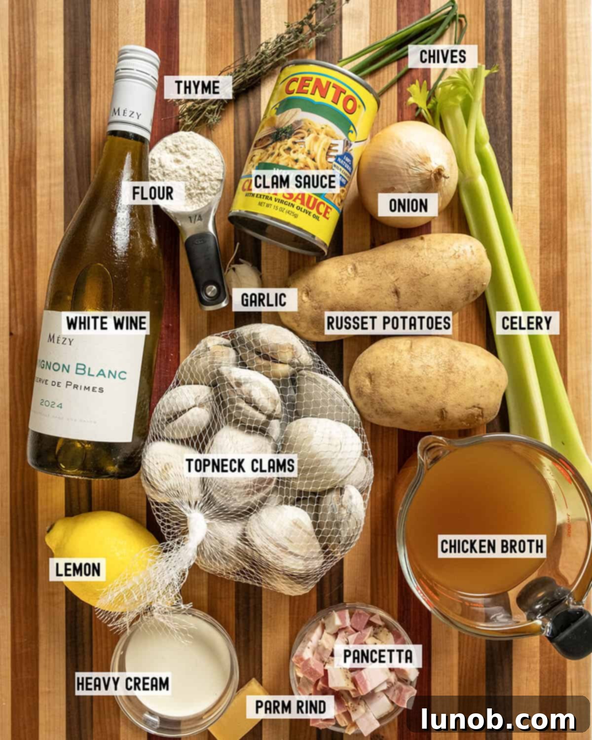 Velvet Clam Delight 3 Ingredients for New England clam chowder recipe laid out on a table.