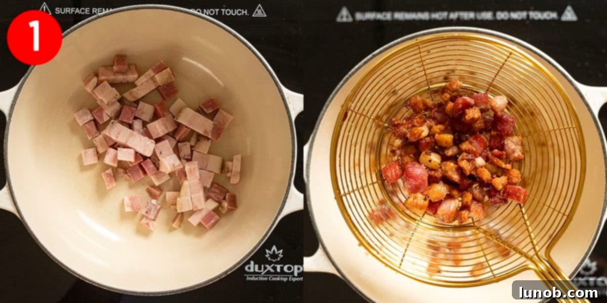 Velvet Clam Delight 4 Frying pancetta in a Dutch oven until crispy.