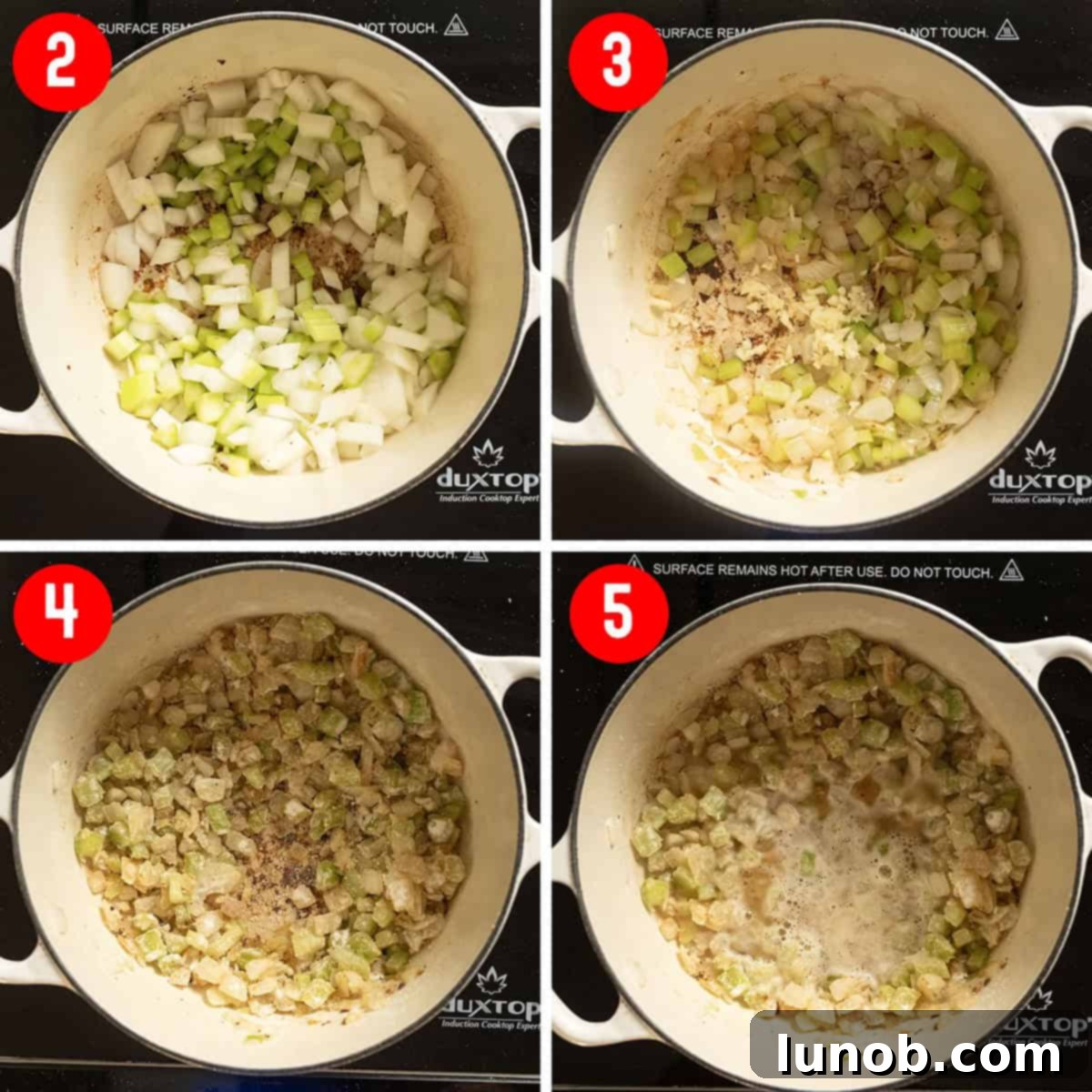 Velvet Clam Delight 5 Sautéing celery and onions, then adding flour to create a roux base for the chowder.