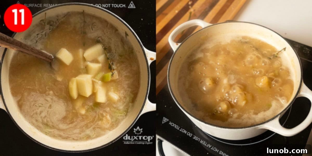 Velvet Clam Delight 10 Peeled russet potatoes simmering in the clam chowder base until tender.