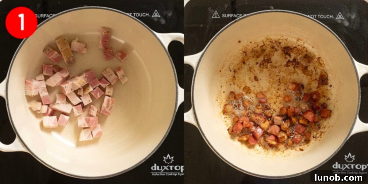 Frying pancetta in a saucepan until golden brown.