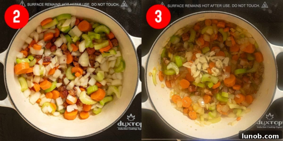 Sauteing sofrito (celery, onions, and carrots) in a Dutch oven with garlic.