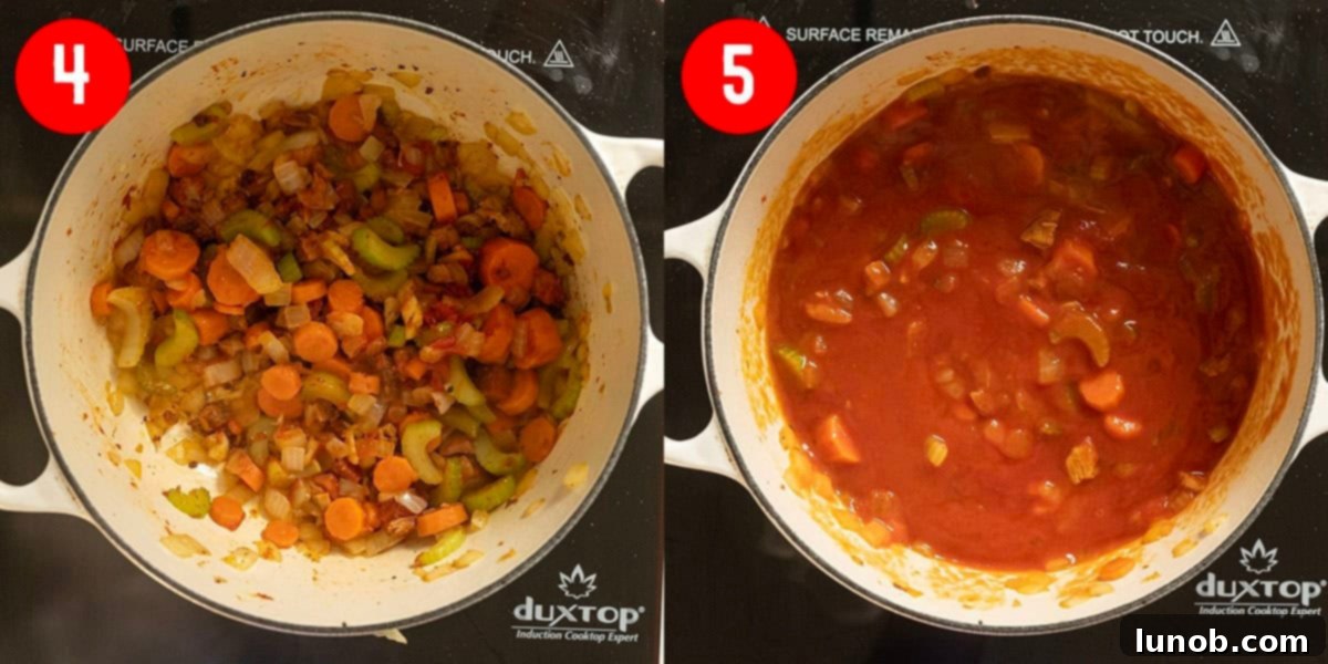 Caramelizing tomato paste and simmering passata with sofrito.