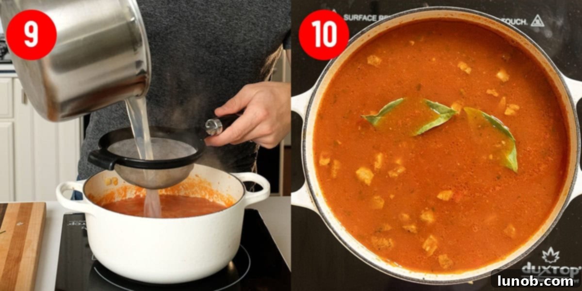 Straining clam juice into soup and adding chicken broth.