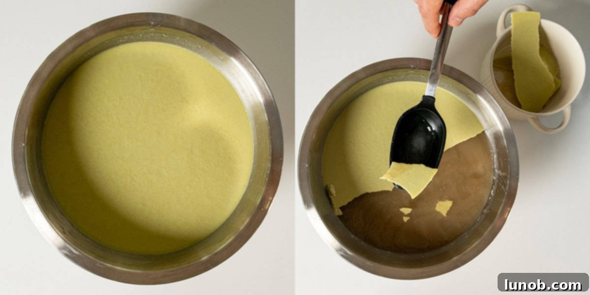 Removing fat from cooled beef stock.