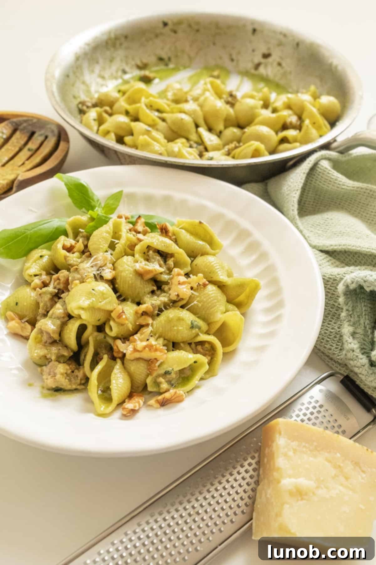 Kale and walnut pesto with shell pasta in a bowl.
