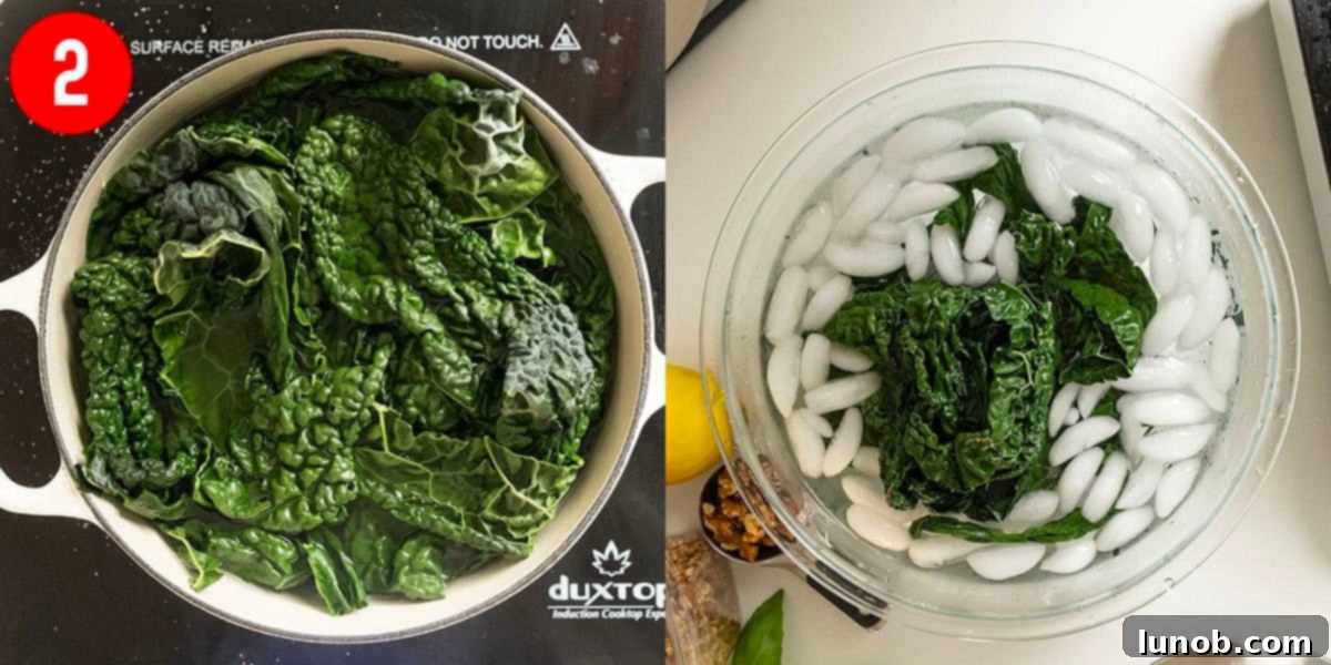 Boiling and blanching kale.