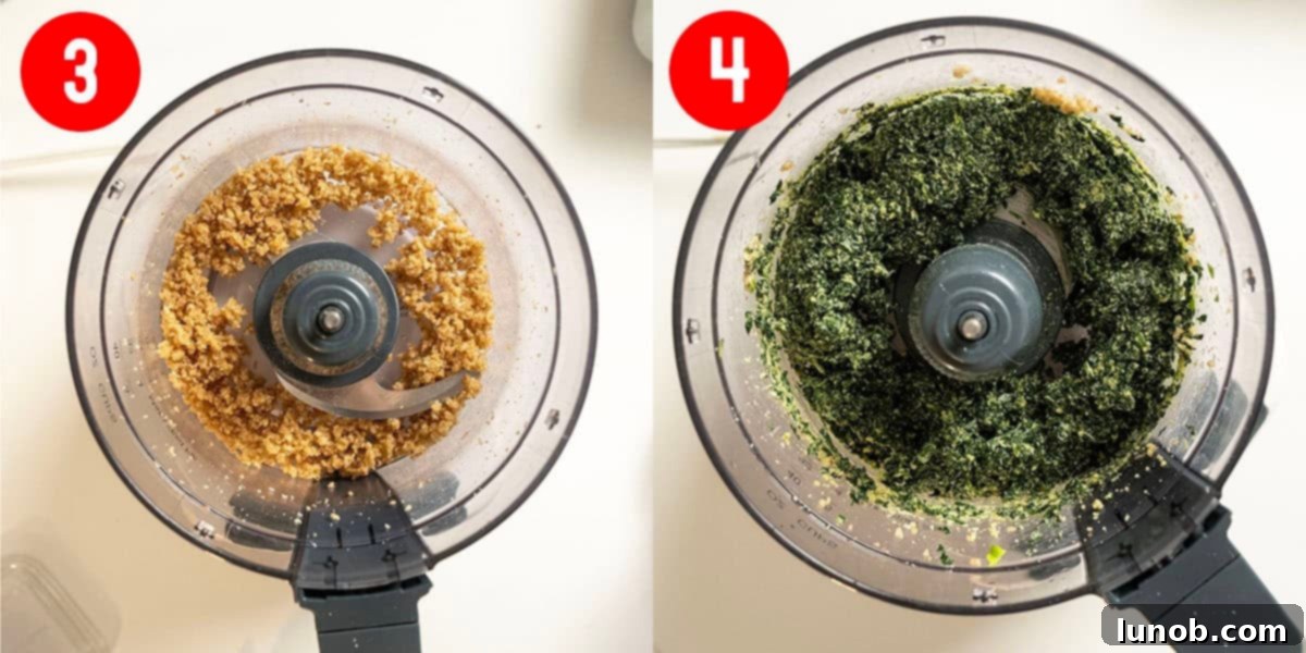 Processing walnuts with fresh garlic, salt, and kale.