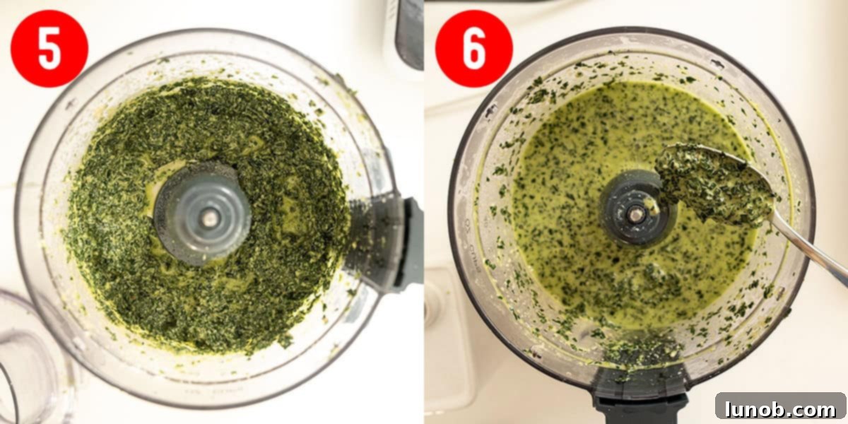 Oil and pasta water added to pesto and processed.