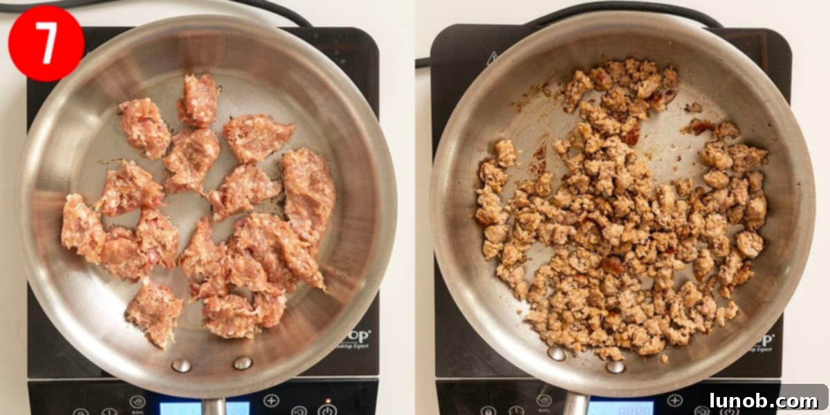 Frying sausage in a saucepan.