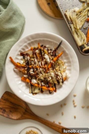Sweet and Earthy Roasted Carrots and Fennel 8 Roasted Carrots and fennel topped with pine nuts and balsamic glaze.