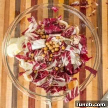 A bowl containing chopped radicchio, thinly sliced fennel, and chickpeas, ready for dressing.