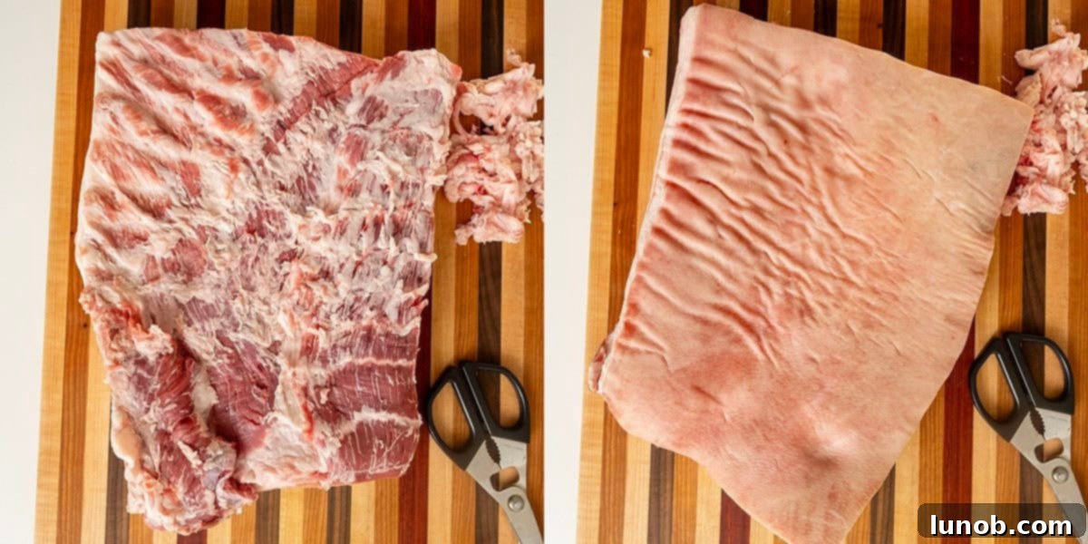 Italian Porchetta Perfection 3 Skin on pork belly on a cutting board.