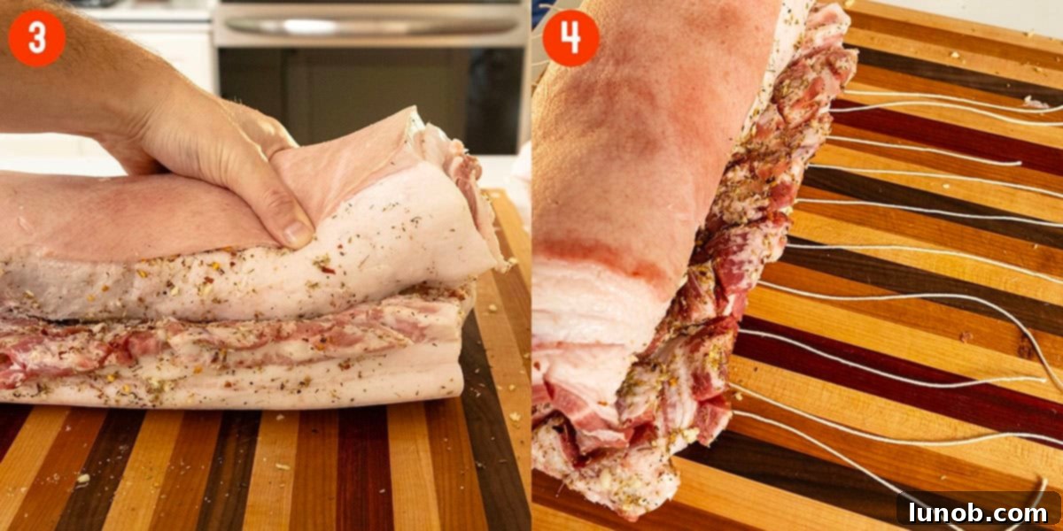 Italian Porchetta Perfection 8 Rolling and tying porchetta from the outside in.