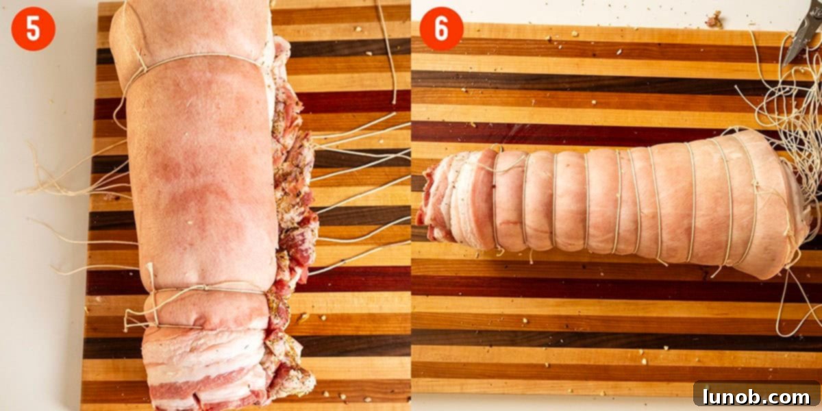 Italian Porchetta Perfection 9 Rolling and tying porchetta from the outside in.