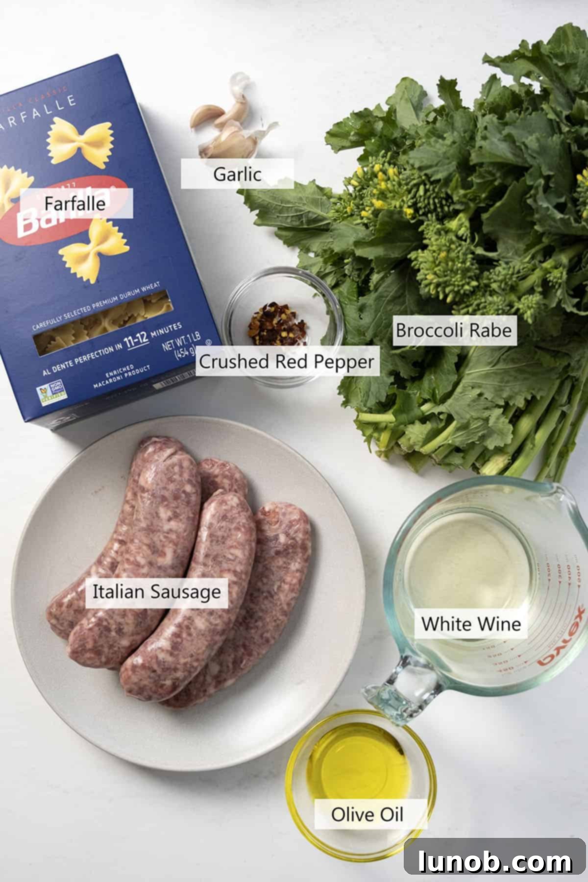 Fresh ingredients laid out for pasta with sausage and broccoli rabe: farfalle pasta, raw Italian sausage, fresh broccoli rabe, garlic, red pepper flakes, olive oil, and white wine.