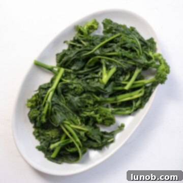 Blanched and strained broccoli rabe resting on a white plate, cut into bite-sized pieces for easy incorporation into the pasta.