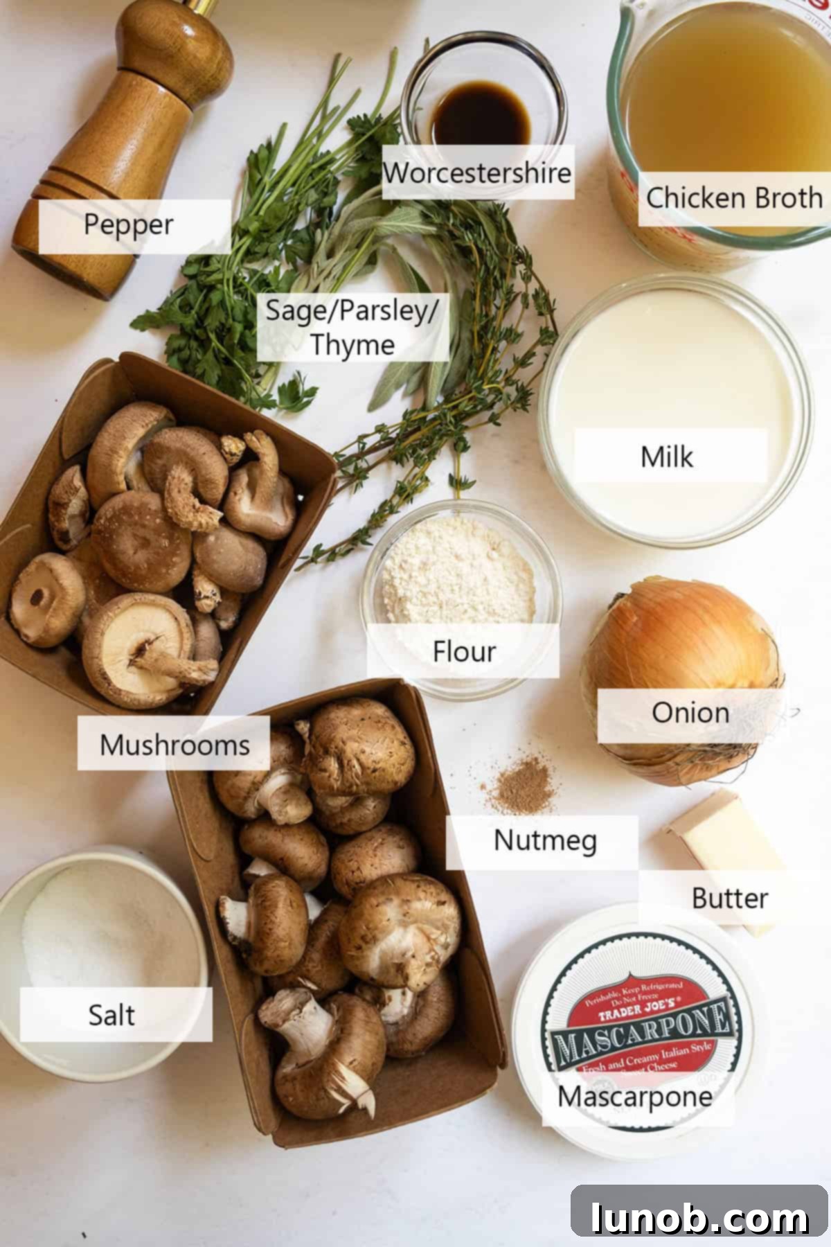 Ingredients for the mushroom soup laid out on a counter. 
