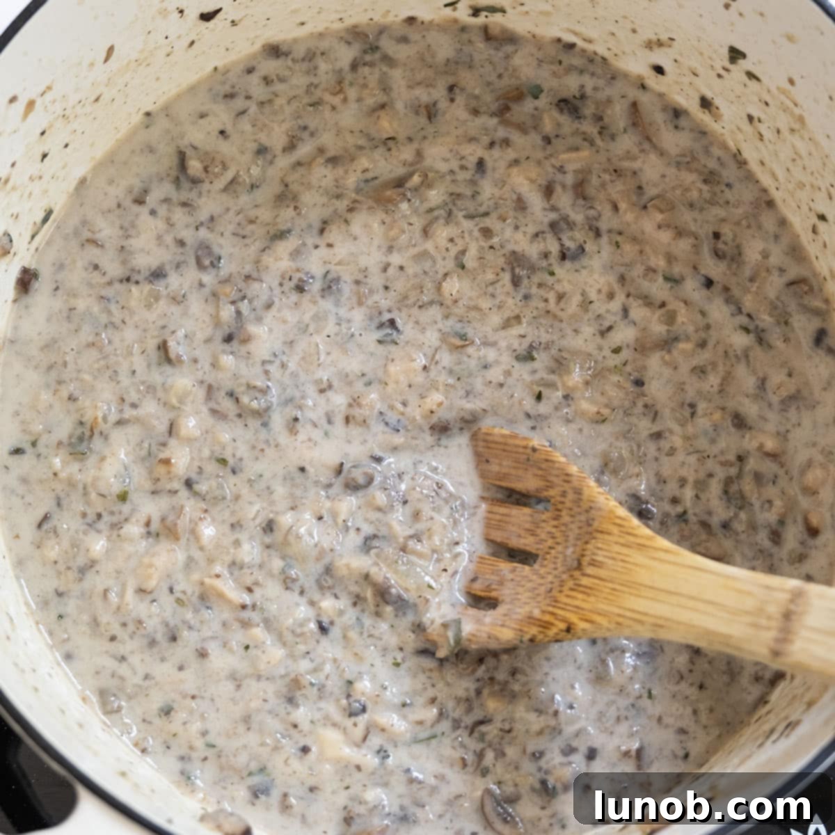 Milk and flour mixture being added to the soup to thicken it. 