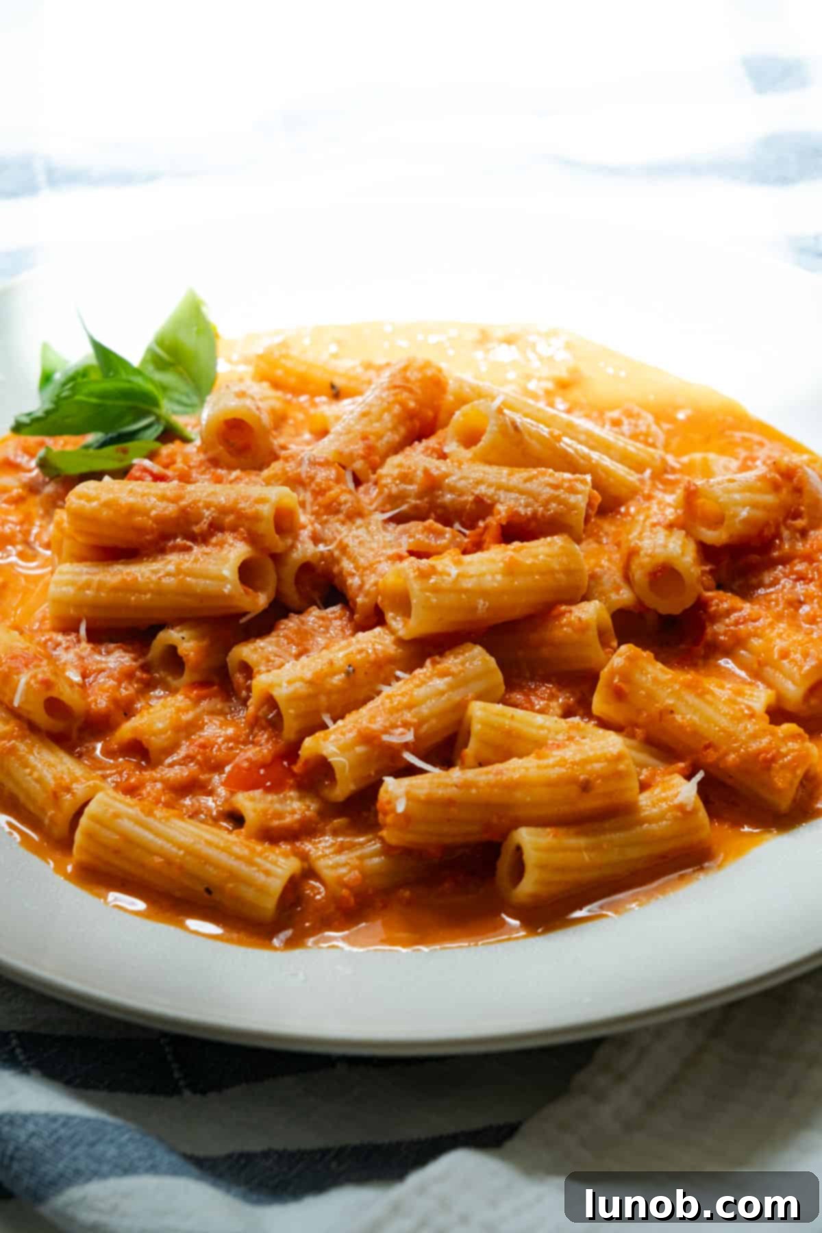 Close-up of rigatoni pasta coated in creamy red pepper sauce, ready to be served.