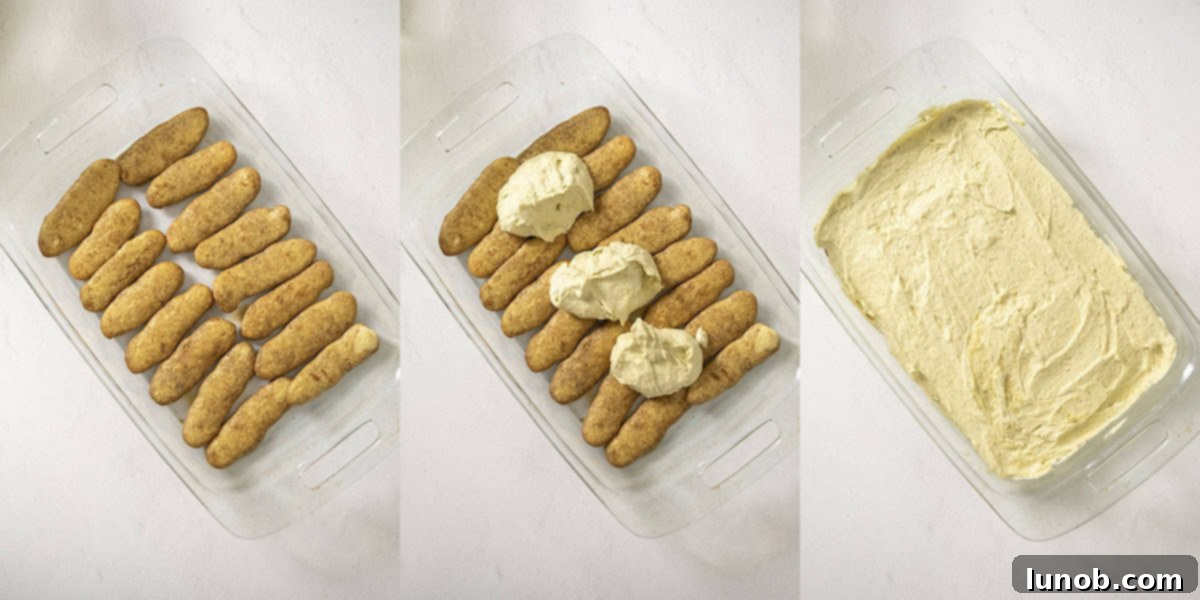 Layering espresso-dipped ladyfingers at the bottom of a glass baking dish, followed by a generous layer of pistachio cream.