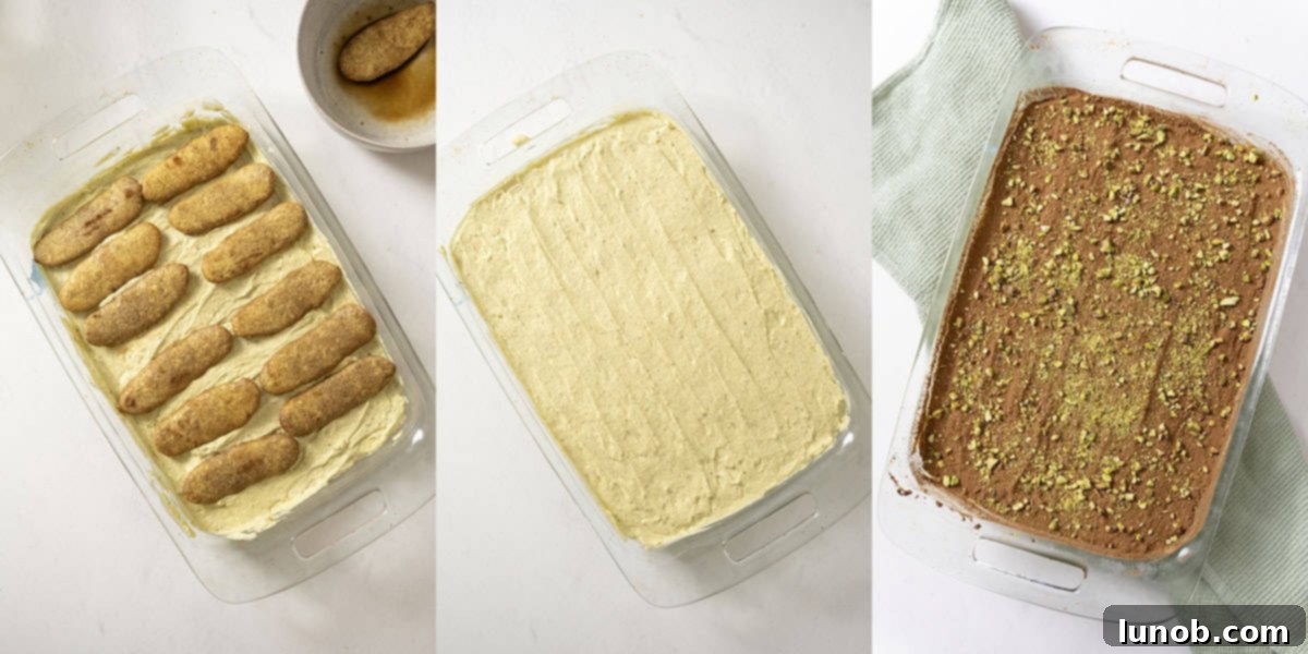 A second layer of ladyfingers and pistachio cream, with the finished tiramisu topped with cocoa powder and pistachio crumbs, ready for chilling.