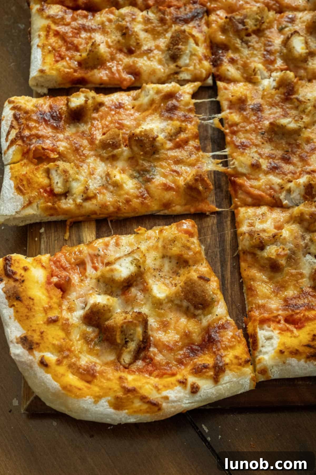 Chicken alla vodka pizza on a cutting board, perfectly sliced and ready to serve.