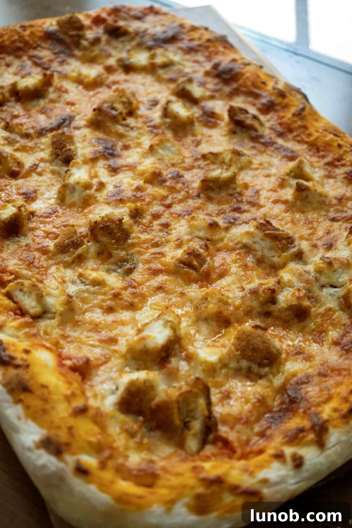 A whole chicken alla vodka pizza, sliced and ready to be served, showcasing its crispy crust and creamy topping.