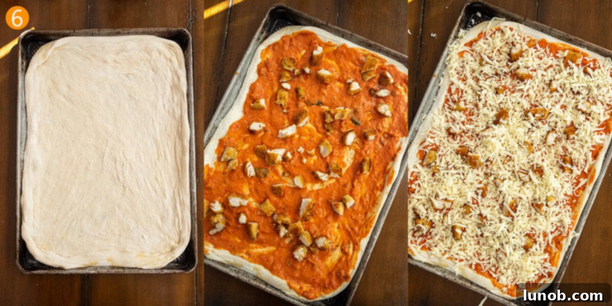 Steps for assembling the pizza: stretching dough, spreading sauce, adding chicken, and topping with cheese.
