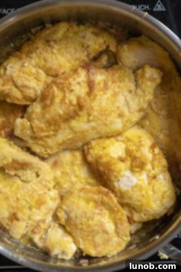 Gourmet Chicken Francese 11 Cooked chicken cutlets returning to the simmering lemon-butter sauce in the pan to finish cooking and absorb flavors.