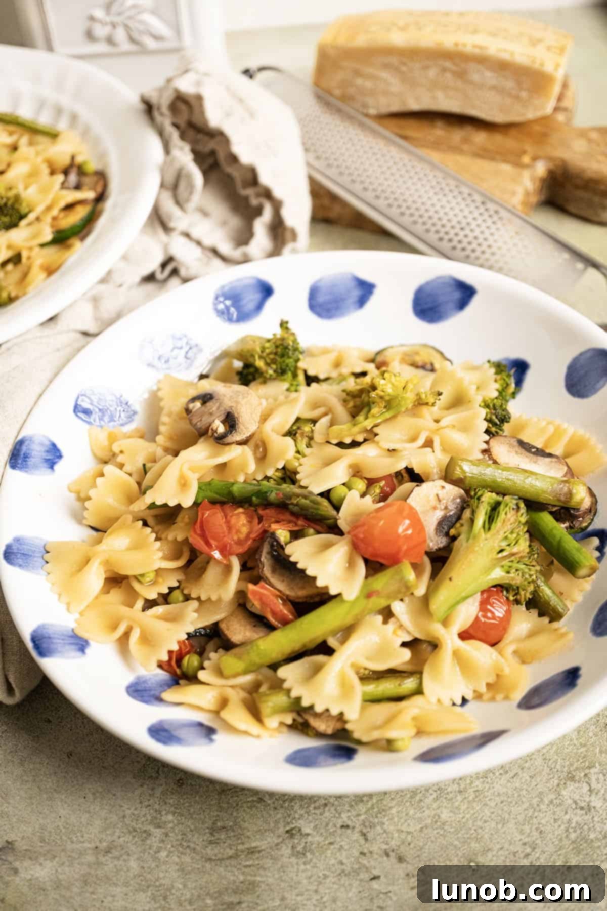 A bowl of pasta primavera with a garnish of fresh herbs and parmesan.
