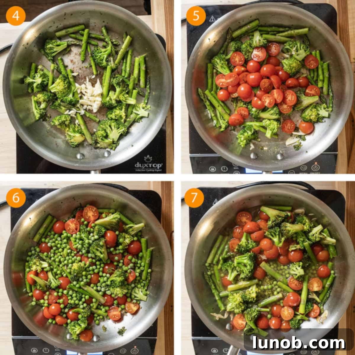 A four-step image collage showing vegetables being sauteed in a pan.