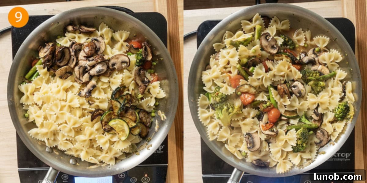 Combining all the cooked ingredients, pasta, and sauce in a large pan.