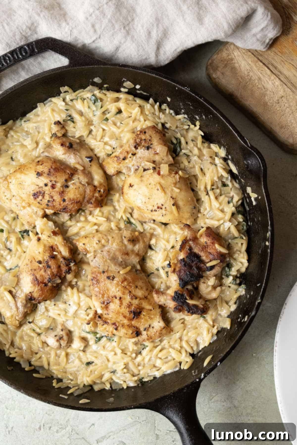One-Pan Lemon Chicken Orzo Skillet 2 Charred and crispy chicken thighs nestled over a bed of creamy lemon orzo with fresh basil garnish.