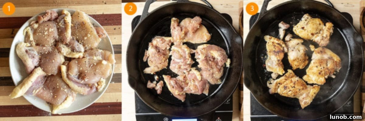 One-Pan Lemon Chicken Orzo Skillet 4 Searing boneless chicken thighs to a golden crisp in a hot cast iron pan, demonstrating the crust formation.