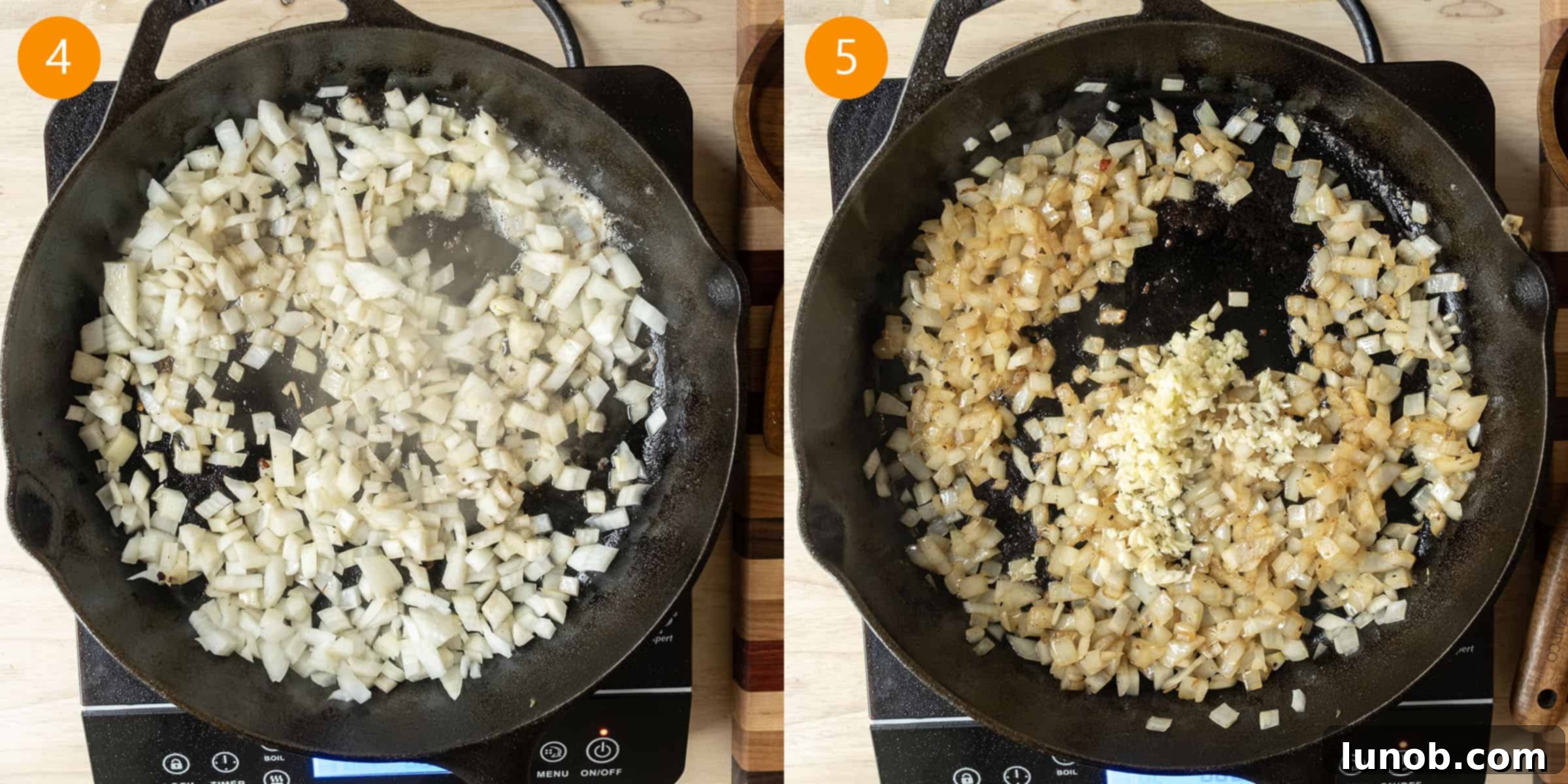 One-Pan Lemon Chicken Orzo Skillet 5 Sauteing finely chopped onions and minced garlic in a cast iron skillet, releasing fragrant aromas.