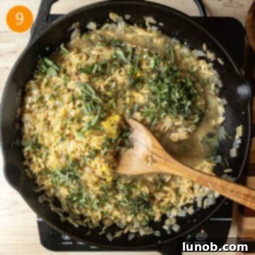 One-Pan Lemon Chicken Orzo Skillet 9 Finishing the creamy orzo with heavy cream, fresh basil, lemon zest, lemon juice, and freshly grated Parmesan cheese.